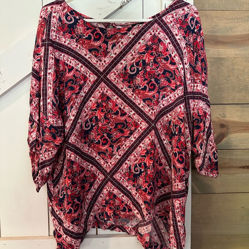 Bobeau Red & Navy Medallion Paisley Blouse